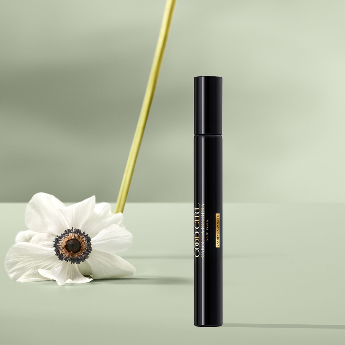 Entdecke Good Girl Jasmine Absolue von Carolina Herrera New York, präsentiert in einer schlanken, schwarzen Flasche, die neben einer zarten weißen Blume auf einem sanften, grünen Hintergrund steht.