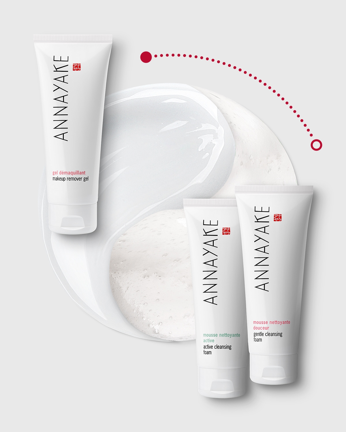 Découvrez la gamme de nettoyants ANNAYAKE, comprenant un gel démaquillant et des mousses nettoyantes actives et douces, présentés dans des tubes blancs minimalistes.