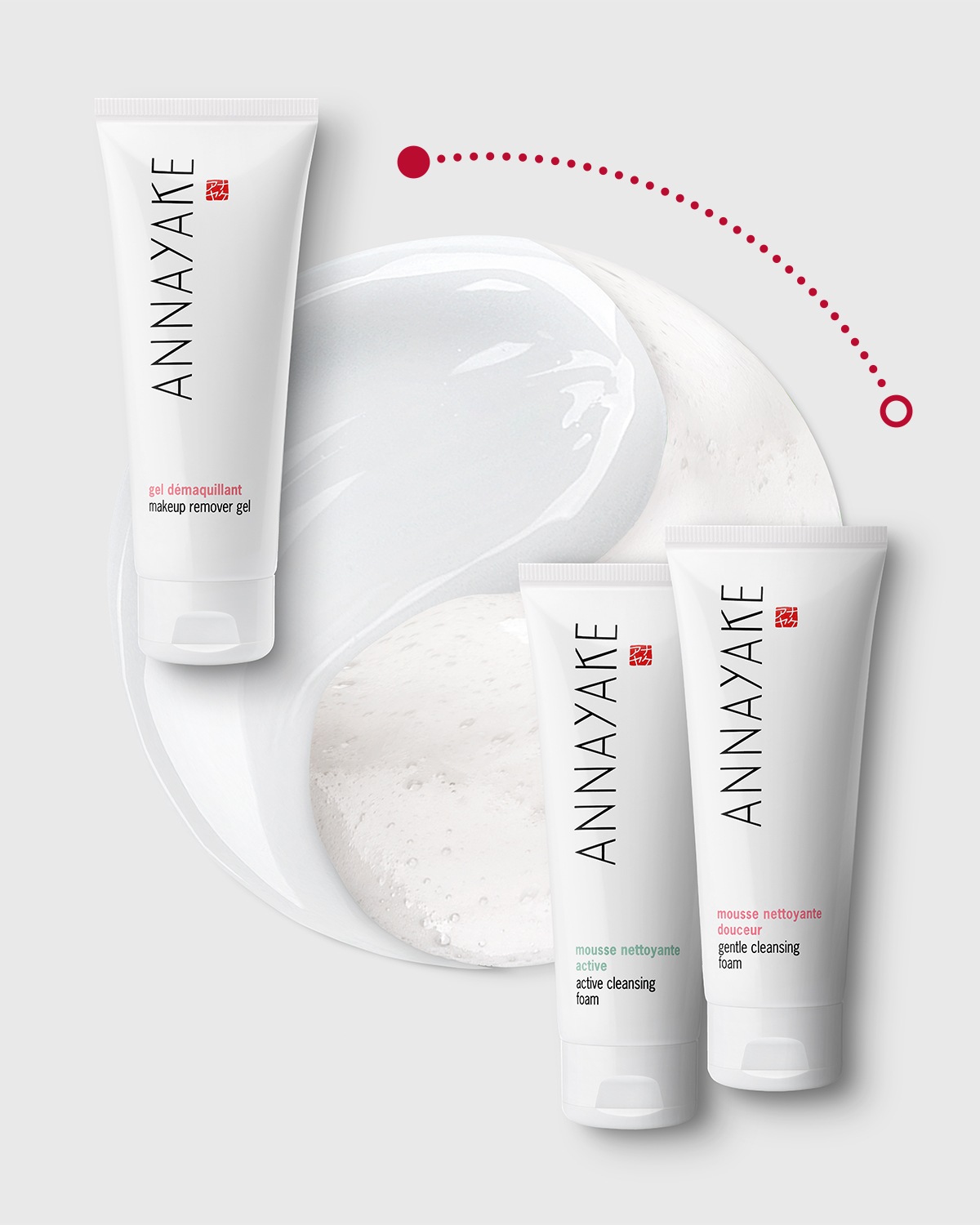 Découvrez le gel démaquillant et les mousses nettoyantes Annayake, présentés dans des tubes blancs minimalistes, pour une peau douce et éclatante.