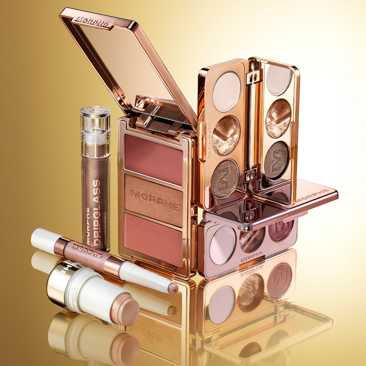 Découvrez la collection Morphe : palettes de fards à paupières aux tons bronze et blush, gloss DripGlass et stick illuminateur pour un look éclatant.