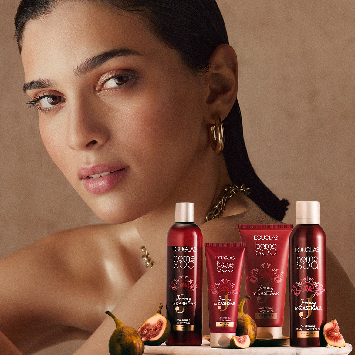 Discover Douglas Home Spa's Journey to Kashgar collection, featuring red orchid and fig-infused body wash, hand cream, body lotion, and shower foam, for an awakening spa experience.