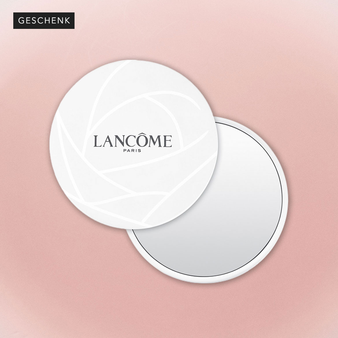 Hier ist ein Geschenk von Lancôme Paris, verpackt in einer runden, weissen Schachtel mit dem Lancôme-Logo.