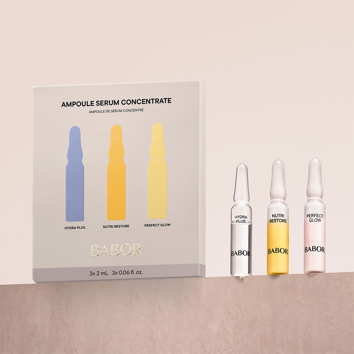 Entdecken Sie das Babor Ampoule Serum Konzentrat mit Hydra Plus, Nutri Restore und Perfect Glow in einer Packung mit je 3x2 ml für eine intensive Hautpflege.