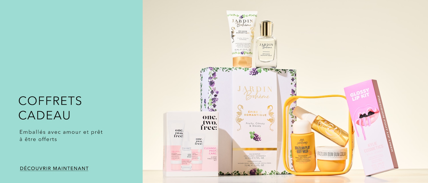 Découvrez une sélection de coffrets cadeaux, comprenant des parfums Jardin Bohème Épisode Romantique aux notes fruitées et boisées, ainsi que des soins pour le corps Sol de Janeiro et des kits à lèvres Kylie Cosmetics.