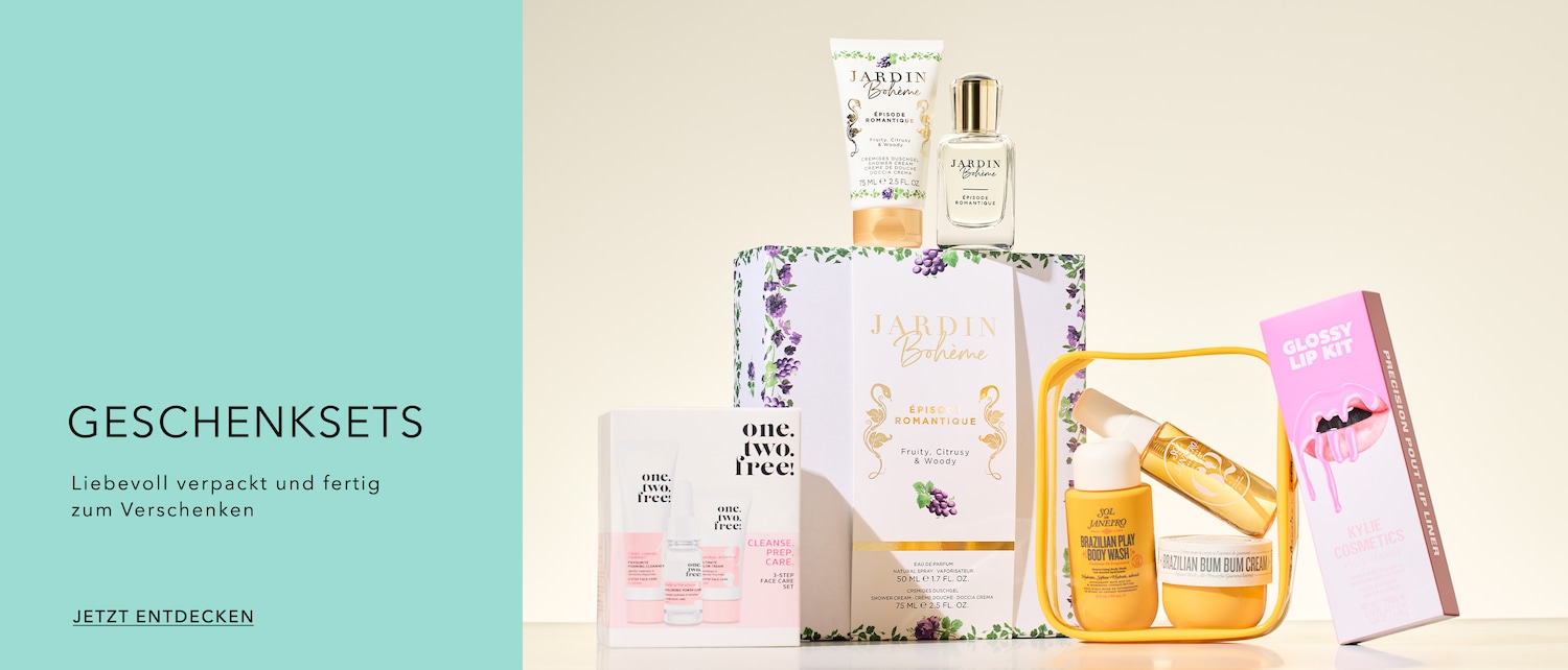 Entdecken Sie eine Auswahl an Geschenksets, darunter das Parfüm „Jardin Bohème Épisode Romantique“ mit fruchtigen und holzigen Noten sowie Körperpflegeprodukte von Sol de Janeiro und Lippensets von Kylie Cosmetics.