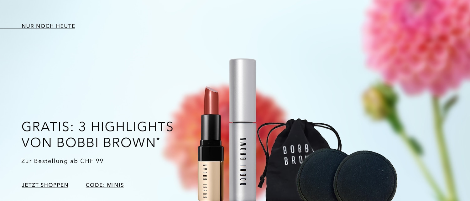 Heute nur: Gratis 3 Highlights von Bobbi Brown ab CHF 99. Das Bild zeigt einen Lippenstift, eine Mascara, eine schwarze Tasche und zwei Make-up-Pads von Bobbi Brown. Jetzt Shoppen mit dem Code: MINIS.