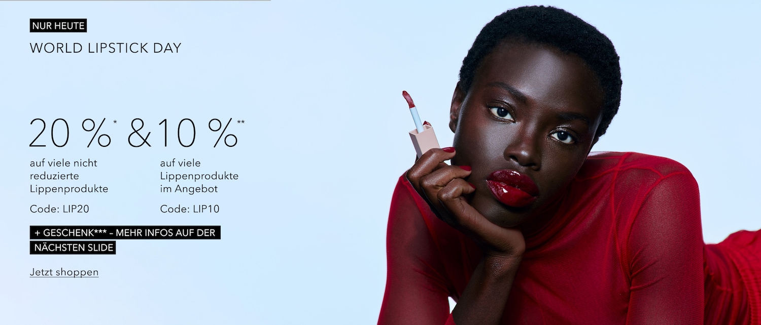 Feiern Sie den Weltlippenstift-Tag mit exklusiven Angeboten: Sparen Sie 20% auf nicht reduzierte Lippenprodukte mit Code LIP20 und 10% auf bereits reduzierte Lippenprodukte mit Code LIP10.