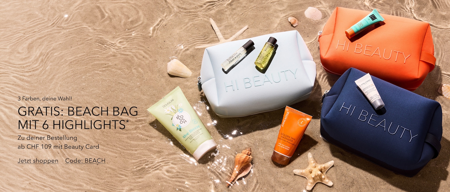 Sichern Sie sich eine kostenlose Strandtasche in drei Farben Ihrer Wahl, gefüllt mit sechs Beauty-Highlights, ab einem Einkauf von CHF 109 mit Ihrer Beauty Card.