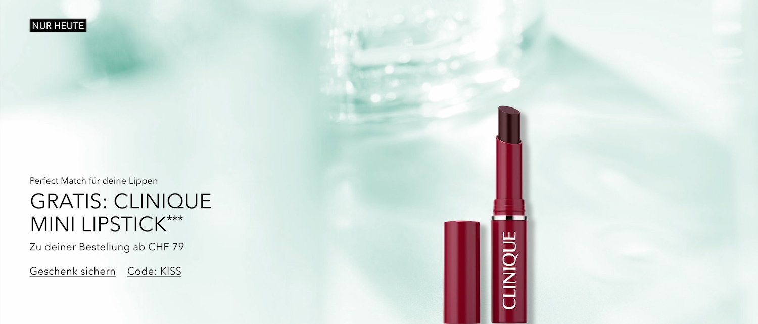Sichere dir noch heute einen gratis Clinique Mini Lipstick in einem eleganten Rotton, perfekt für deine Lippen, mit dem Code KISS ab einem Einkauf von CHF 79.