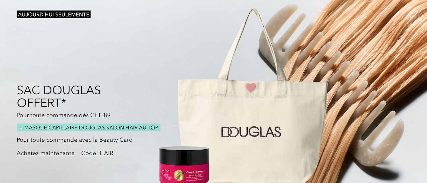 Aujourd'hui seulement, recevez un sac Douglas offert et un masque capillaire pour toute commande dès 89 CHF avec le code HAIR.