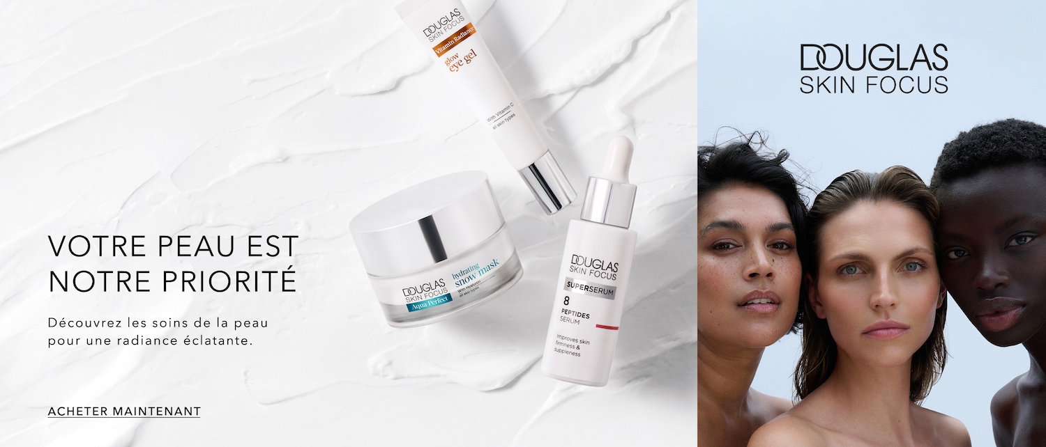 Découvrez les soins de la peau Douglas Skin Focus, comprenant un gel contour des yeux Vitamin Radiance, un masque de neige hydratant Aqua Perfect et un sérum Super Sérum 8 Peptides, pour une peau éclatante.