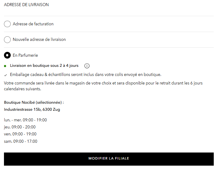 Options de livraison disponibles : adresse de facturation, nouvelle adresse ou en parfumerie avec livraison en boutique sous 2 à 4 jours, incluant l'emballage cadeau et des échantillons.