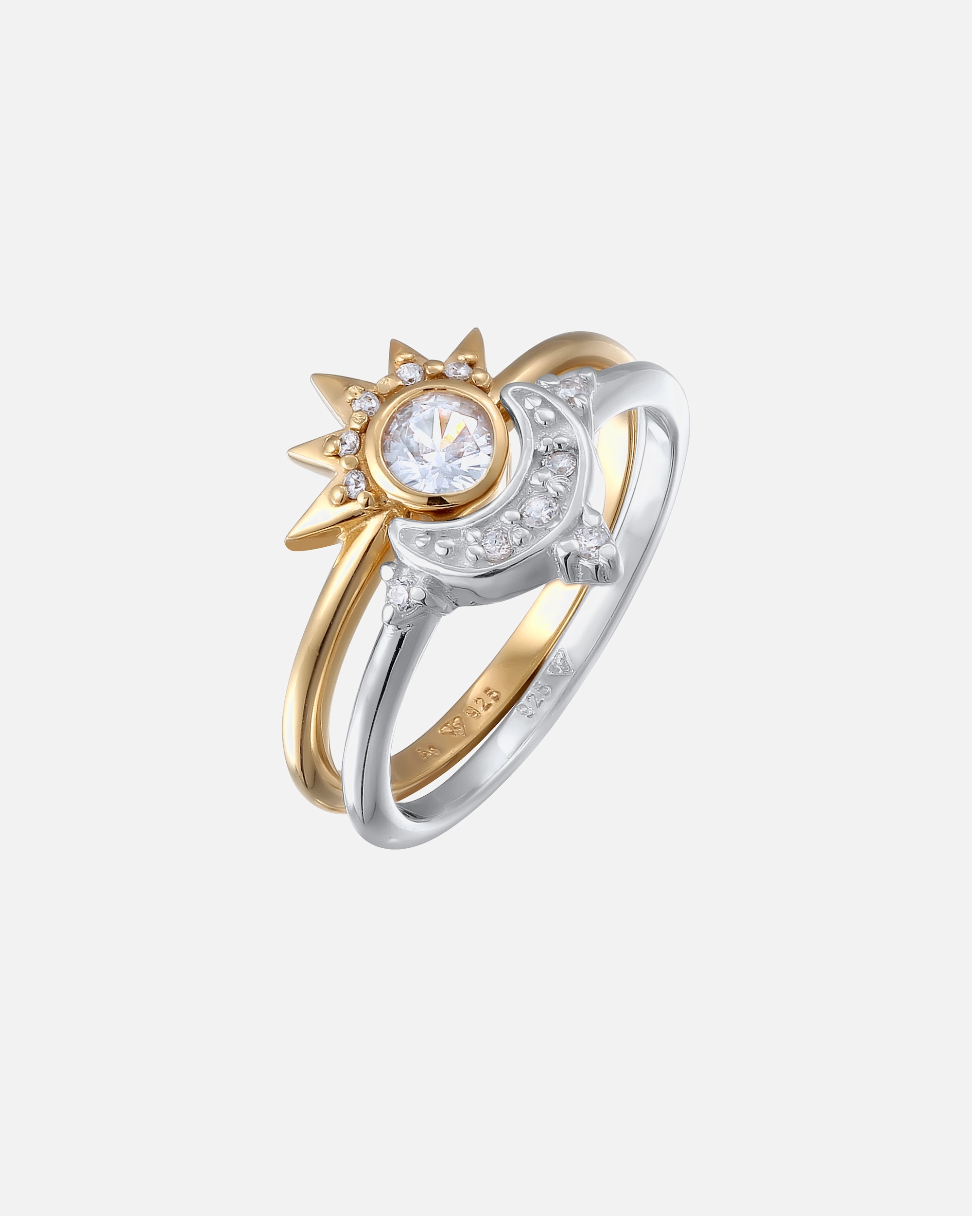 Ring für Weiblich Elli Set Mond Sonne Zirkonia 925 Sterling Silber vergoldet 52