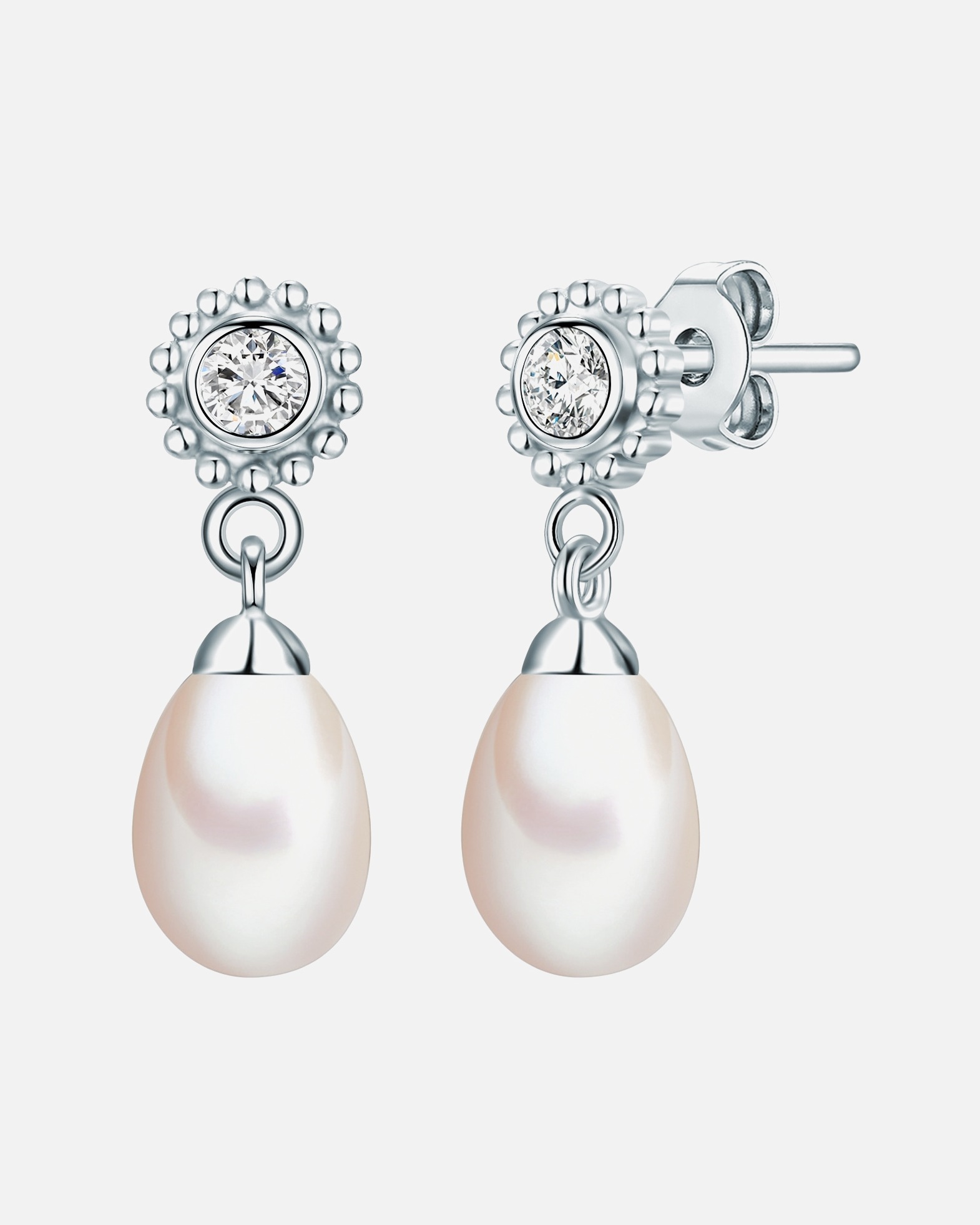 Boucle d'oreilles for FemmePuce d'oreille en perle Fleur Argent sterling Oxyde de zirconium (CZ) Perle de culture d'eau douce en Argent18,6 mm