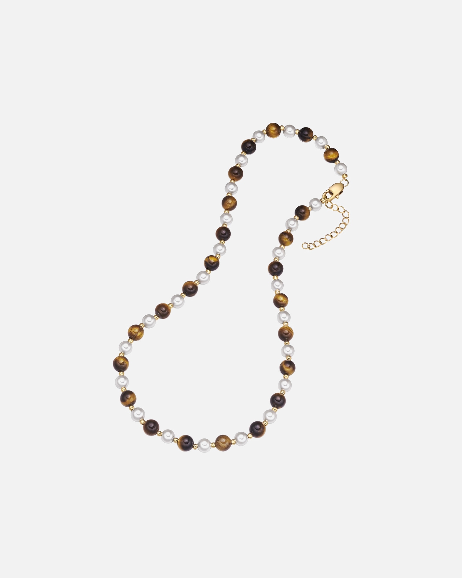 Halskette für Männlich True Rebels Halskette aus Edelstahl in gelbgold mit Tigerauge Muschelkernperle 50,0 cm Basiskette + 5,0 cm Verlängerung