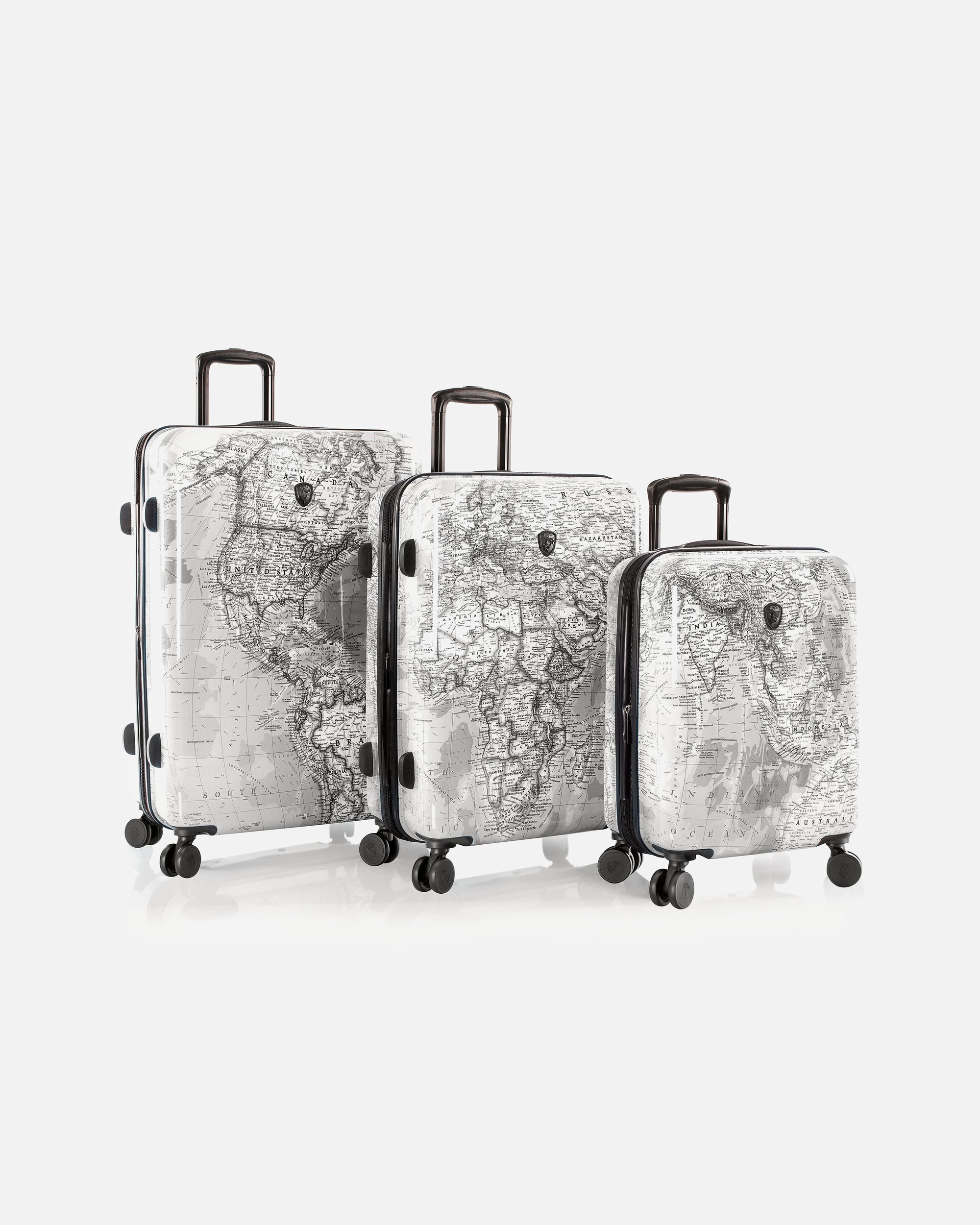Koffer für Männlich Heys Black Camo 4 Rollen Kofferset 3-teilig mit Dehnfalte black-white world map