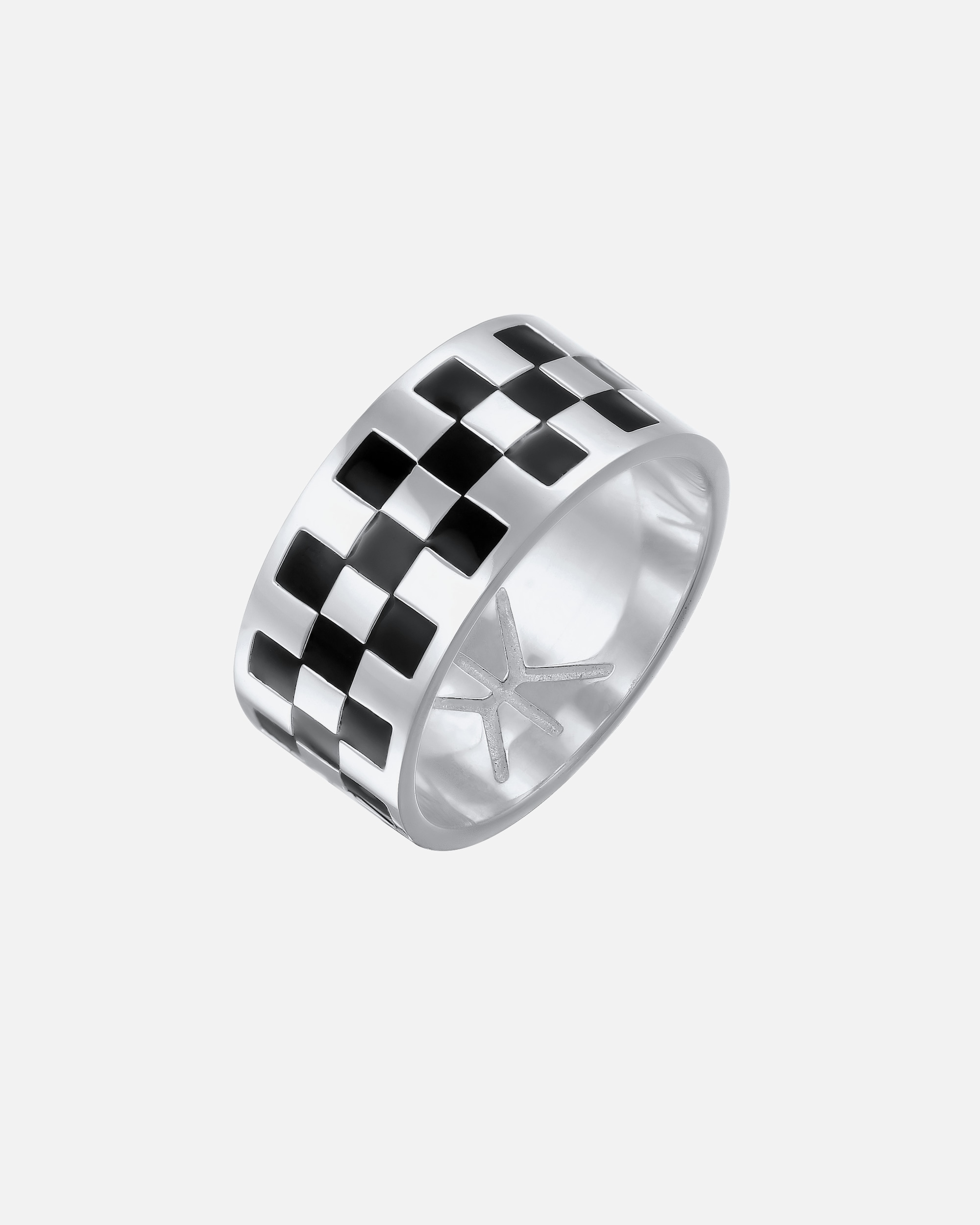 Bague for HommeKUZZOIHommes Bande échiquier avec émail noir en argent sterling 92560