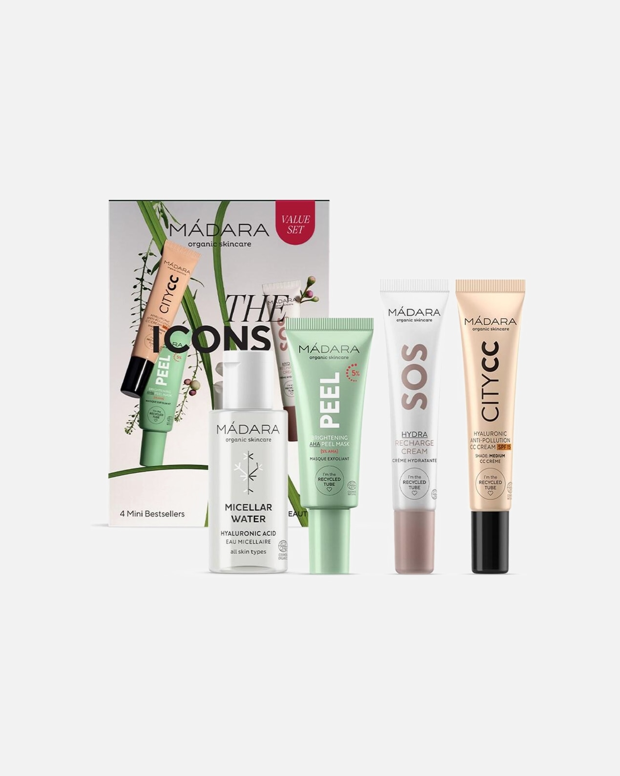 Mizellenwasser für Weiblich MÁDARA Medium Geschenkset Mizellenwasser 50 ml + Aufhellende AHA Peeling Maske 17 ml + SOS Hydra Recharge Gesichtscreme 20 ml + City CC Hyaluronic Anti-Pollution CC Creme LSF 15 15 ml