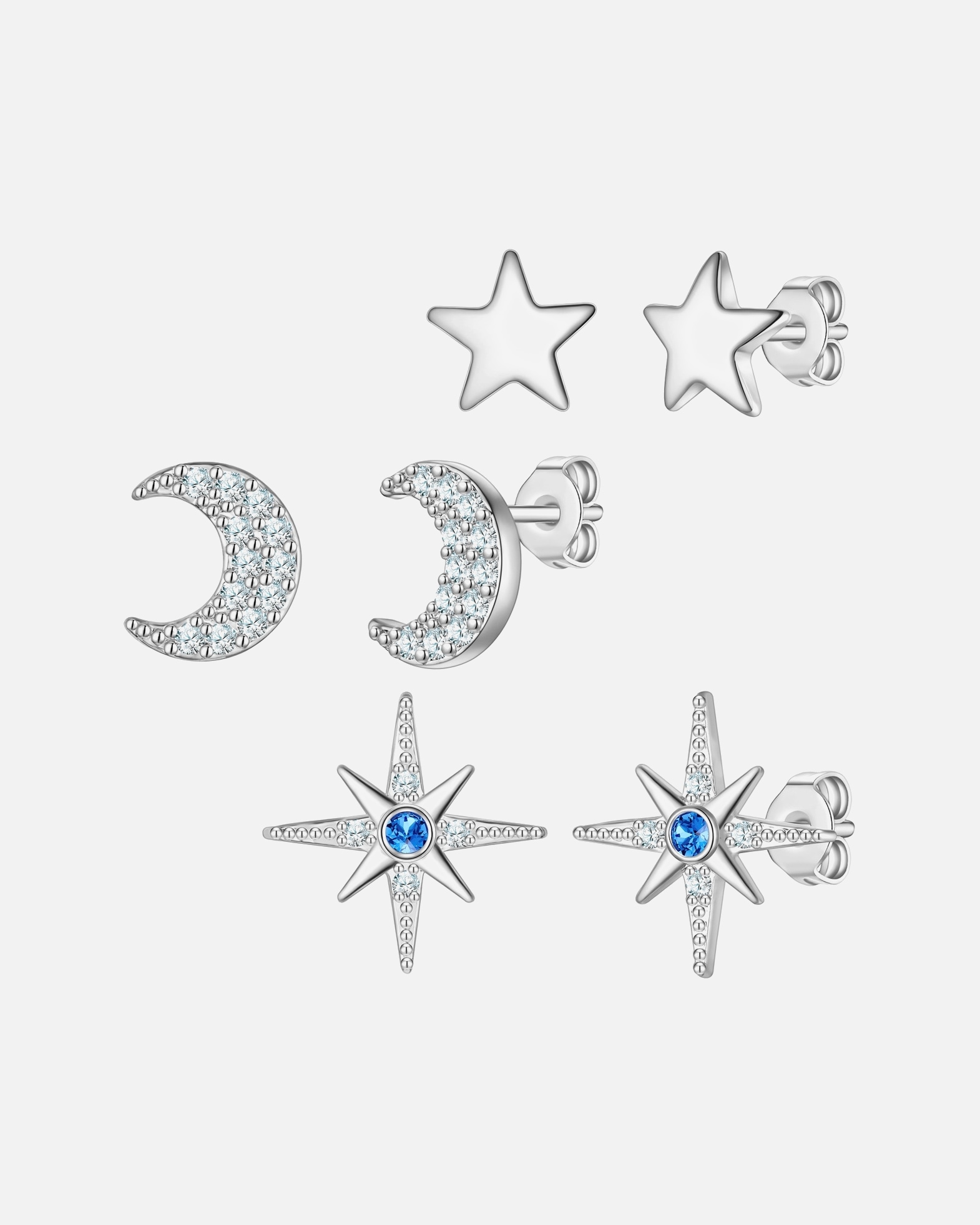 Ohrringe für Weiblich Ohrstecker Mond/Sterne aus Messing in silber mit Zirkonia 11,8/6,7/5,1 mm