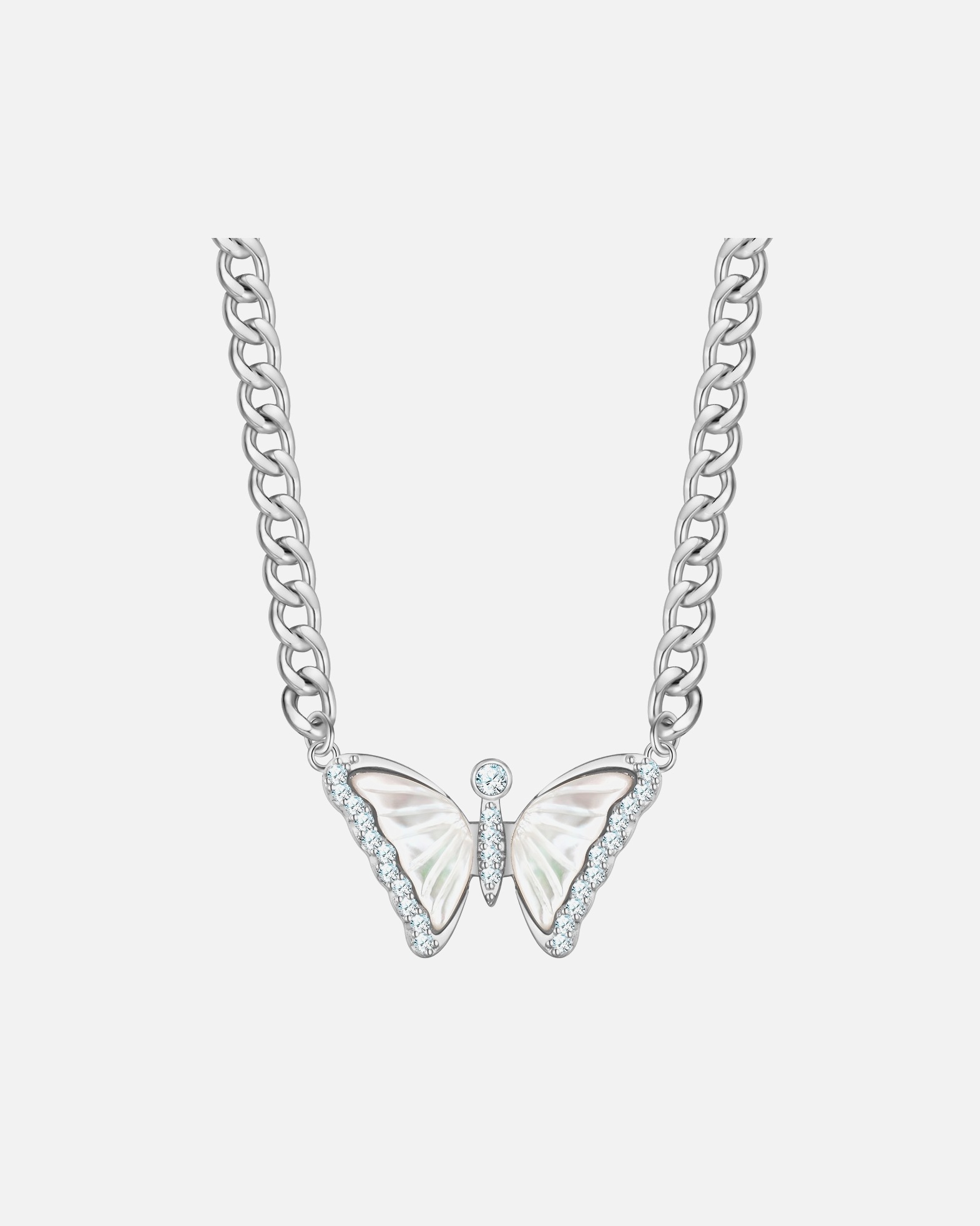 Collier for FemmeCollier papillon en laiton argenté avec zirconium et nacre42,0 cm Basiskette + 5,0 cm Verlängerung