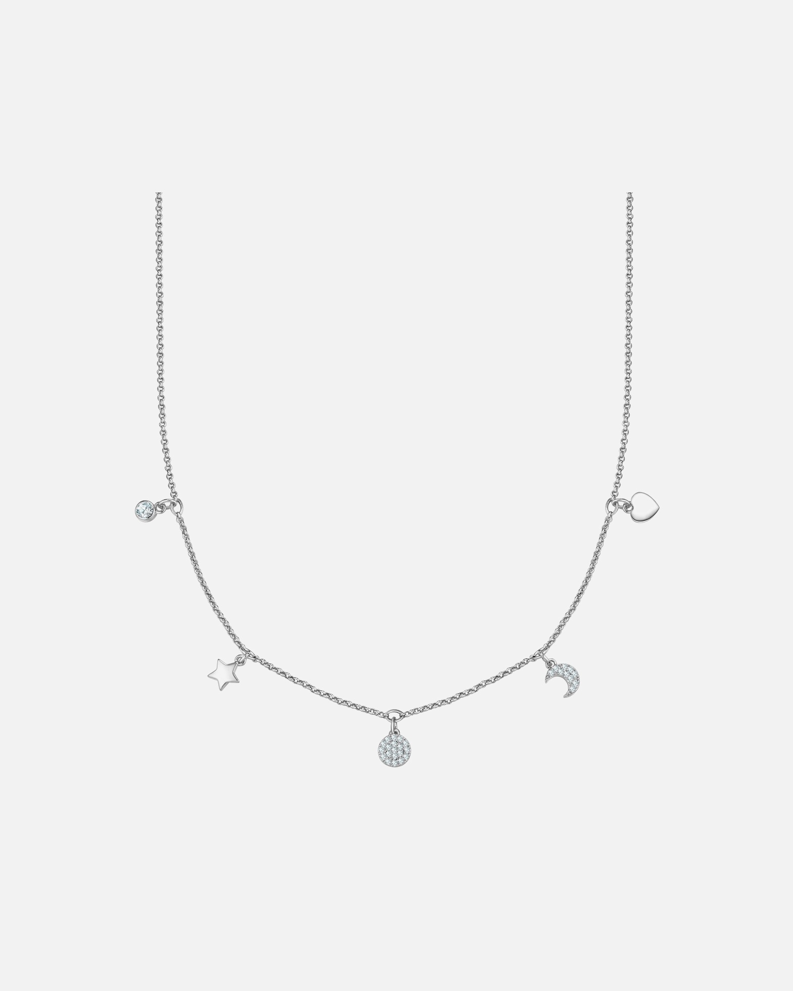 Halskette für Weiblich Halskette Stern/Kreis/Mond/Herz aus Messing in silber mit Zirkonia 38,0 cm Basiskette + 8,0 cm Verlängerung