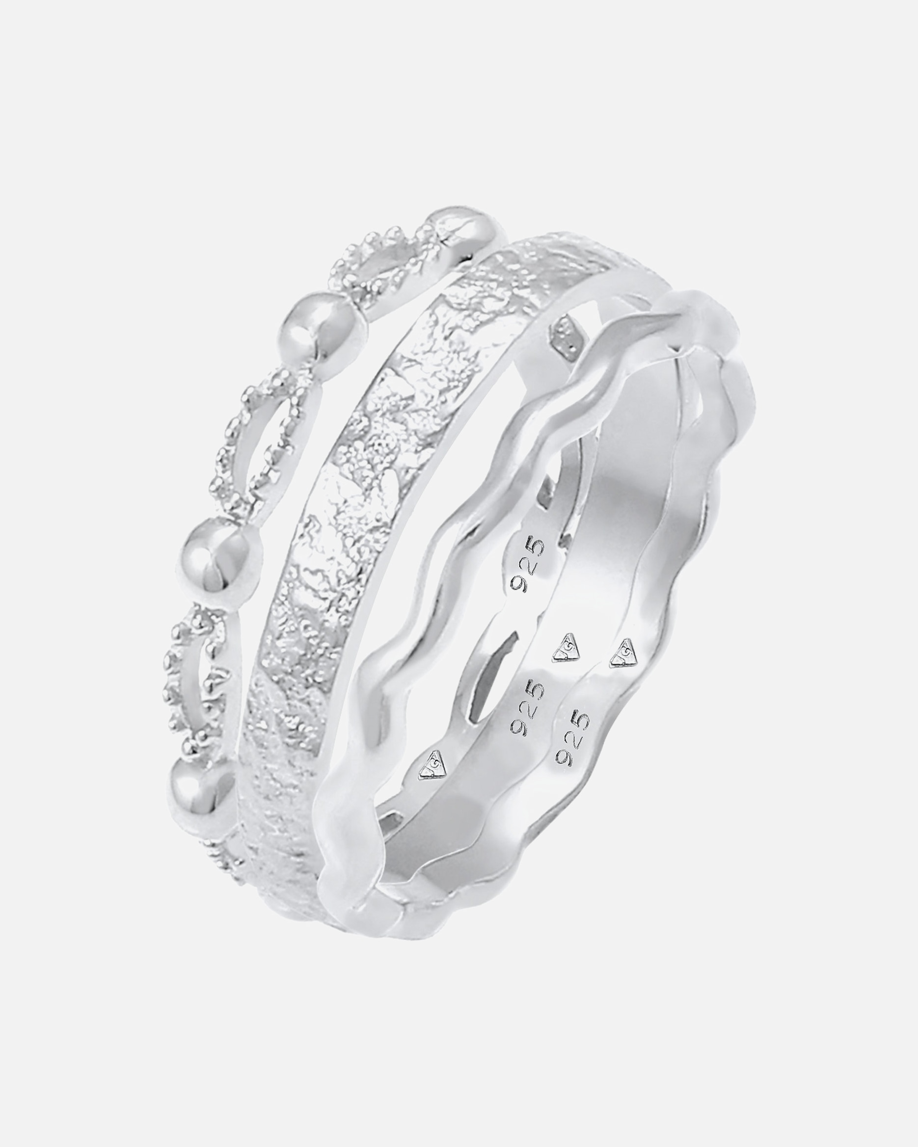 Ring für Weiblich Elli 3er Set Wellen Kugel Bandring Gehämmert 925 Silber 52