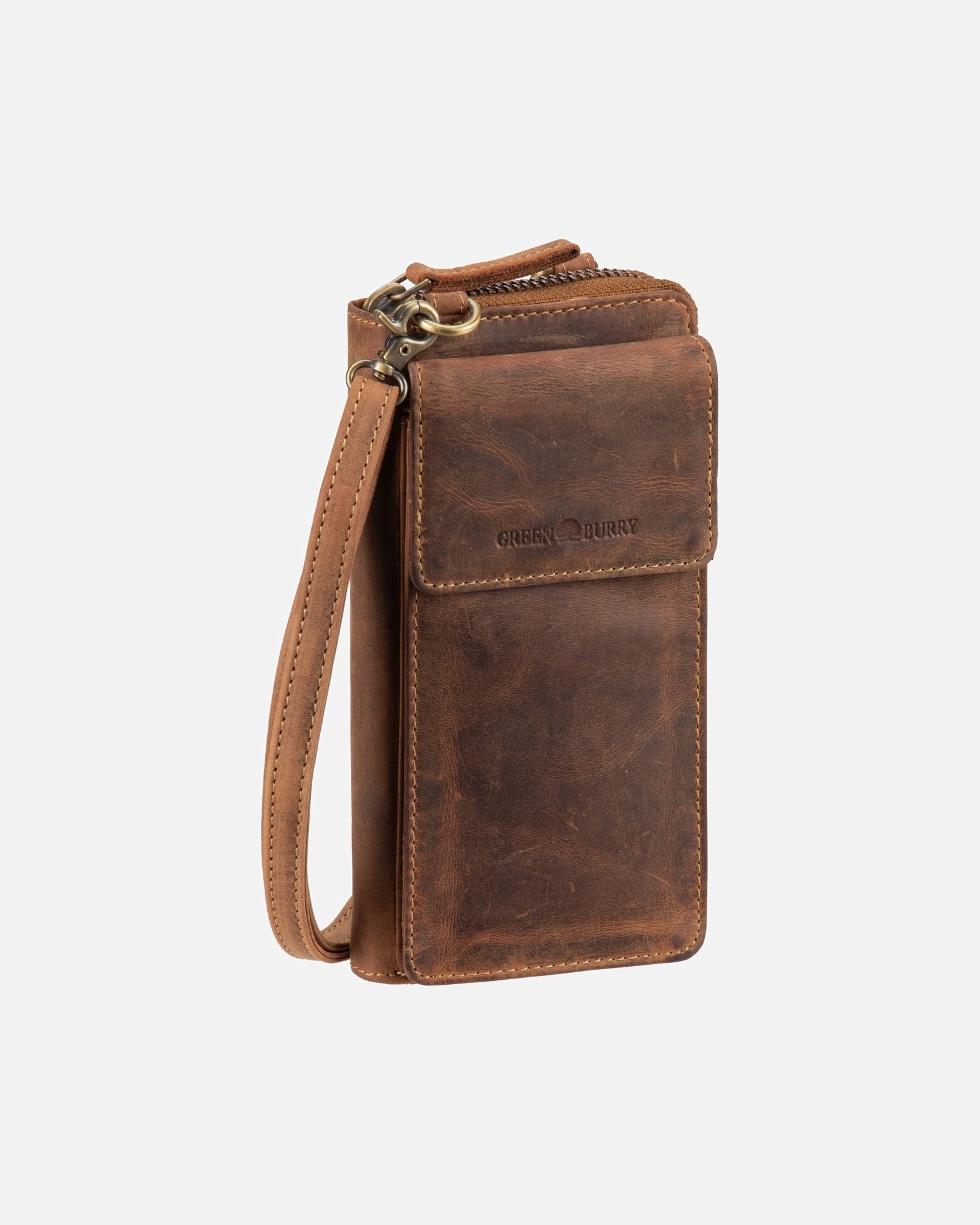 Umhängetasche für Weiblich Greenburry Vintage Handytasche RFID Leder 8 cm braun