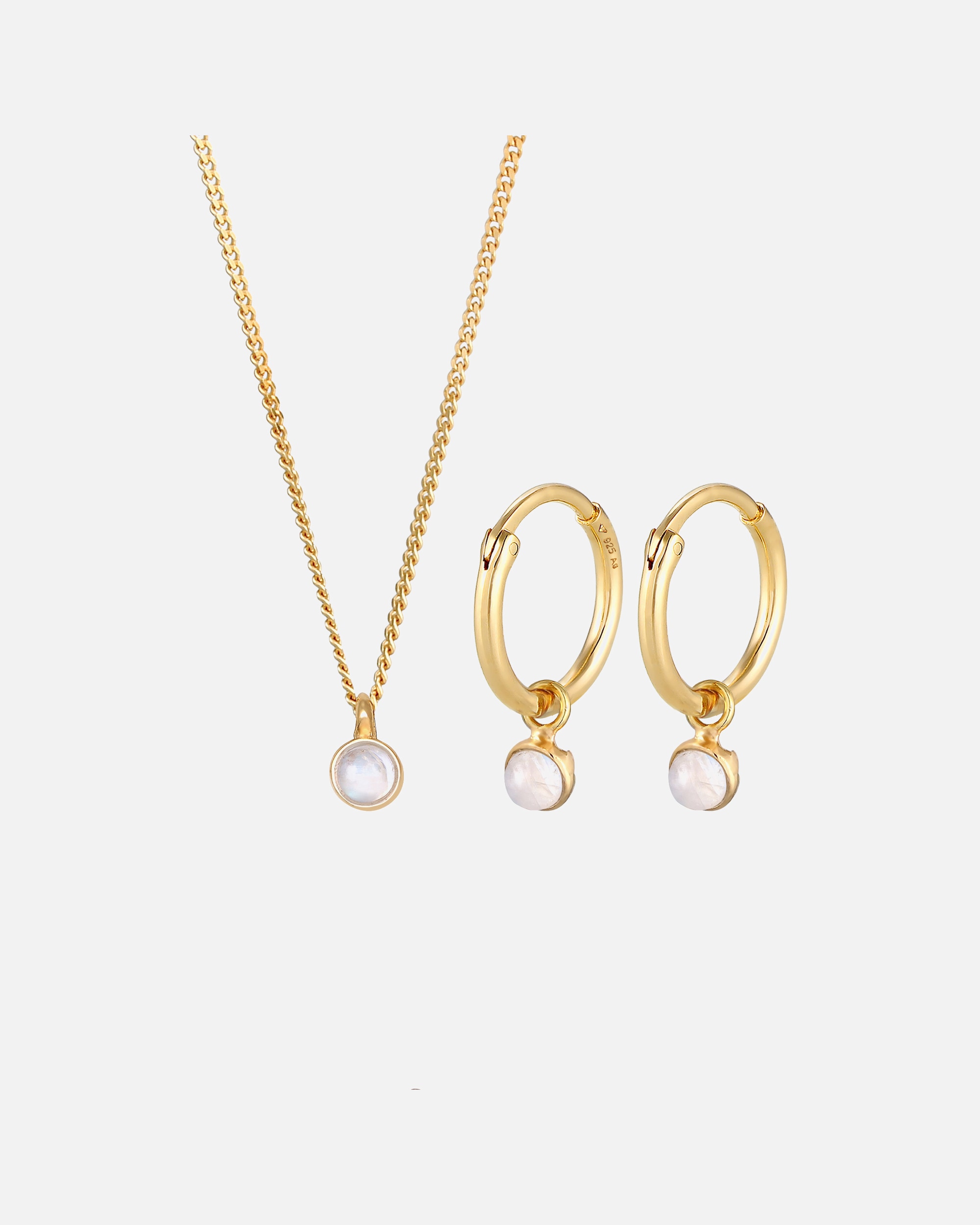 Schmuck für Weiblich Elli PREMIUM Kette Creolen Mondstein Stein 925 Silber vergoldet 40 cm