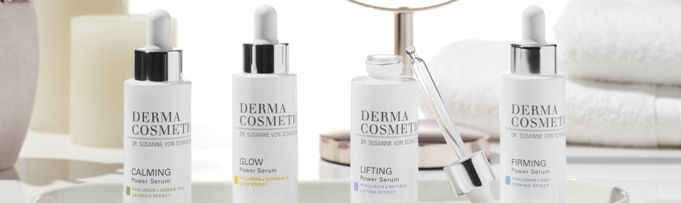 Entdecken Sie die Derma Cosmetics Power Seren: Beruhigend mit Hyaluron und Grüntee, für einen strahlenden Teint mit Vitamin C, Lifting mit Retinol und Straffung mit EGF.
